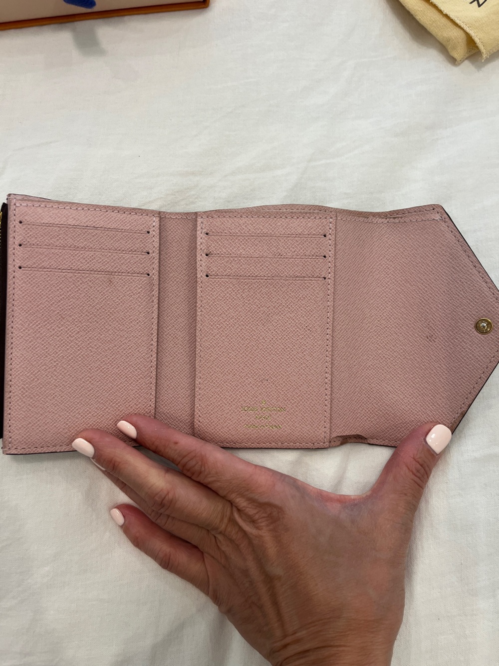 Authentic Louis Vuitton Brown Monogram Victorine Compact Wallet with Pink Trim - Picture 10 of 14